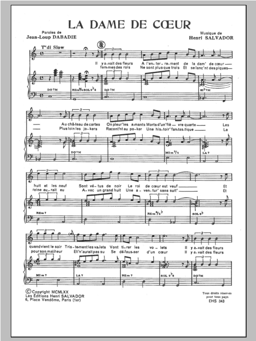 Henri Salvador La Dame De Coeur Sheet Music