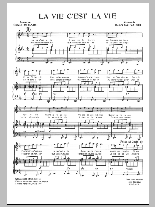 Henri Salvador La Vie C'est La Vie Sheet Music