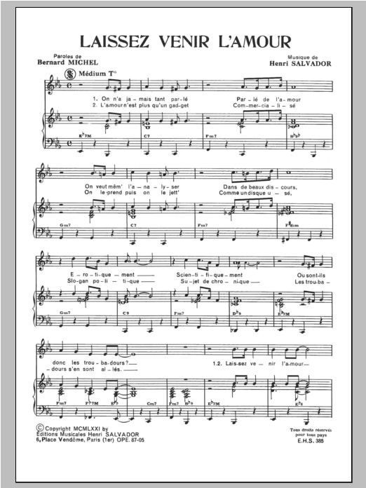 Henri Salvador Laissez Venir L'amour Sheet Music