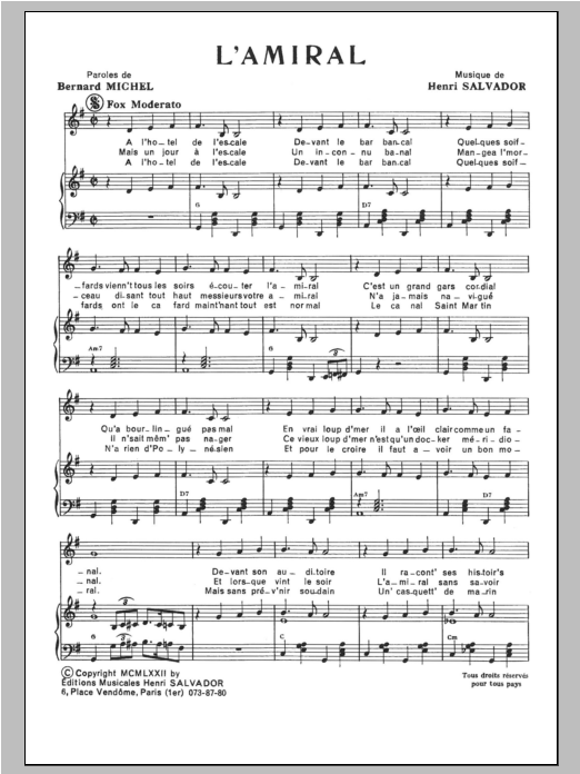 Henri Salvador L'Amiral Sheet Music