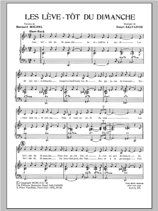 Henri Salvador Leve Tot Du Dimanche (Les) Sheet Music