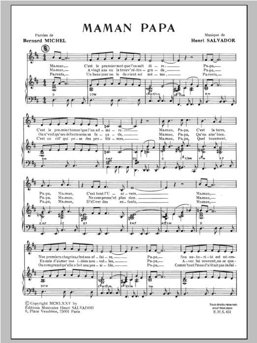 Henri Salvador Maman Papa Sheet Music
