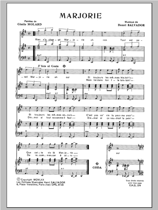 Henri Salvador Marjorie Sheet Music