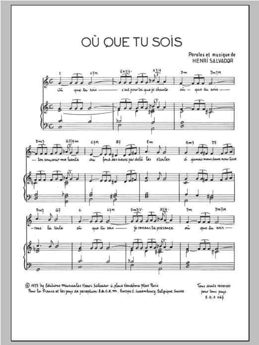 Henri Salvador Ou Que Tu Sois Sheet Music