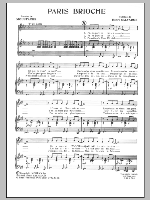 Henri Salvador Paris Brioche Sheet Music