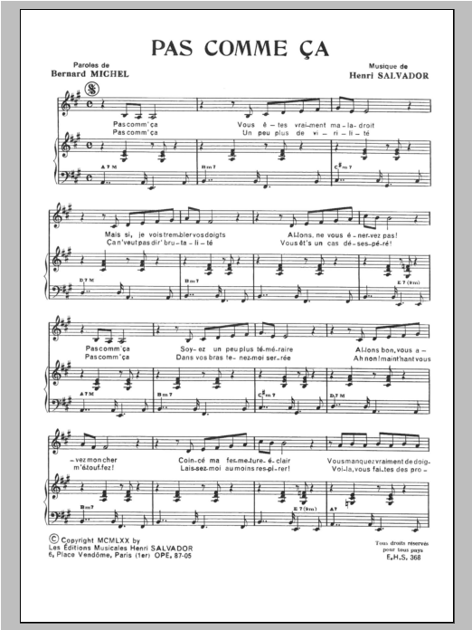 Henri Salvador Pas Comme Ca Sheet Music