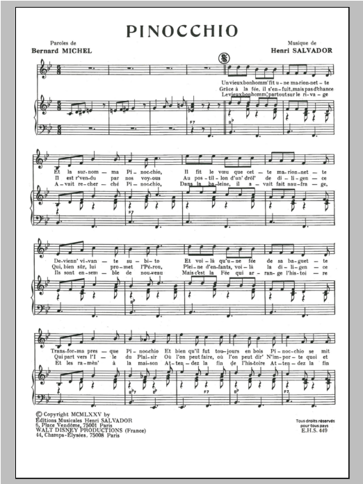 Henri Salvador Pinocchio Sheet Music