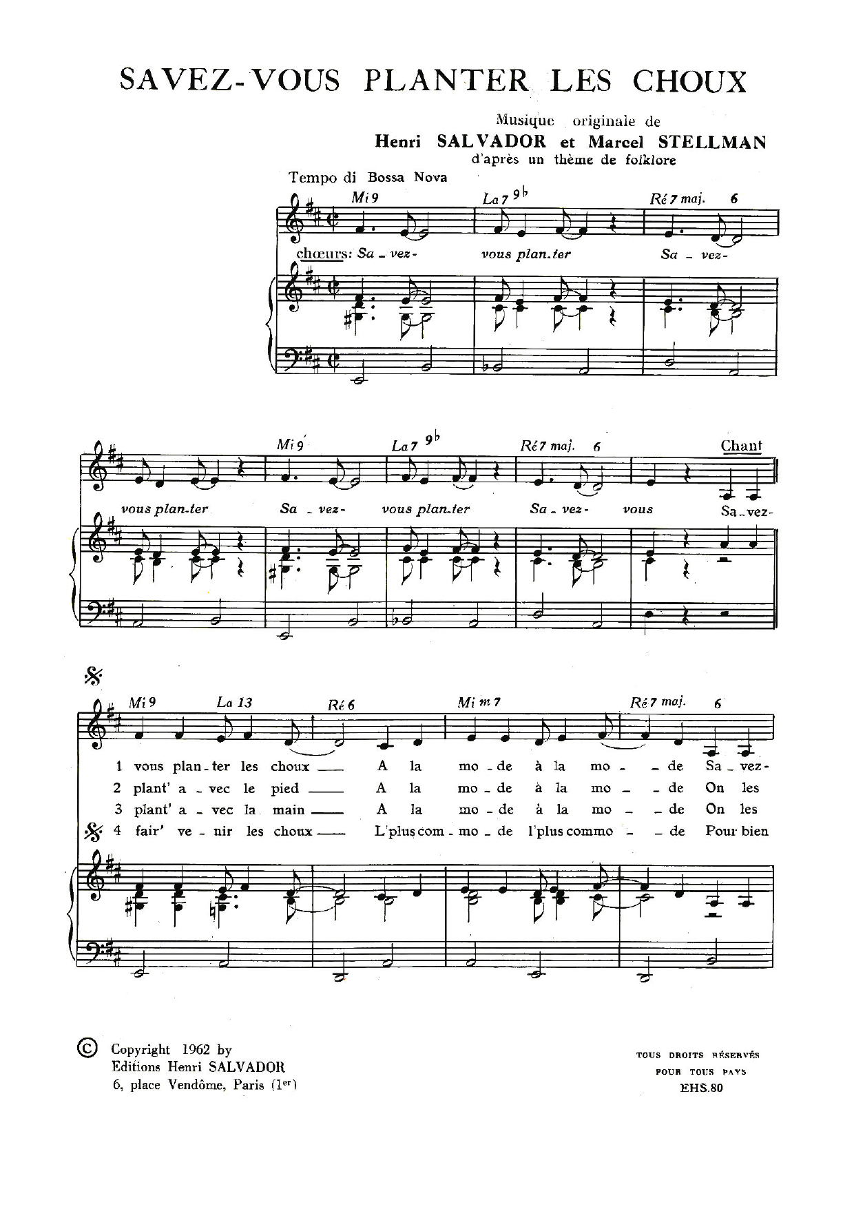 Henri Salvador Savez-Vous Planter Les Choux? Sheet Music