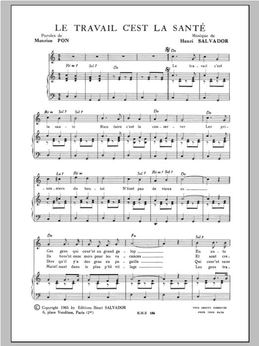 Henri Salvador Travail C'est La Sante Sheet Music