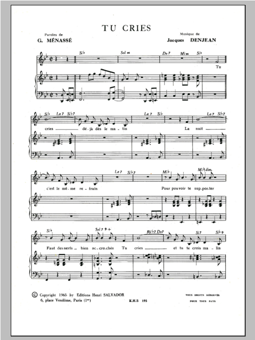 Henri Salvador Tu Cries Sheet Music
