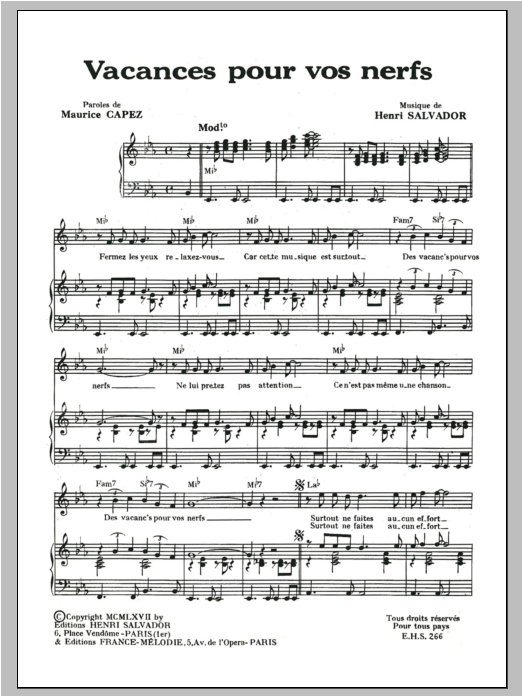 Henri Salvador Vacances Pour Vos Nerfs Sheet Music