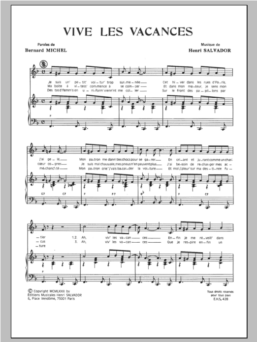 Henri Salvador Vive Les Vacances Sheet Music