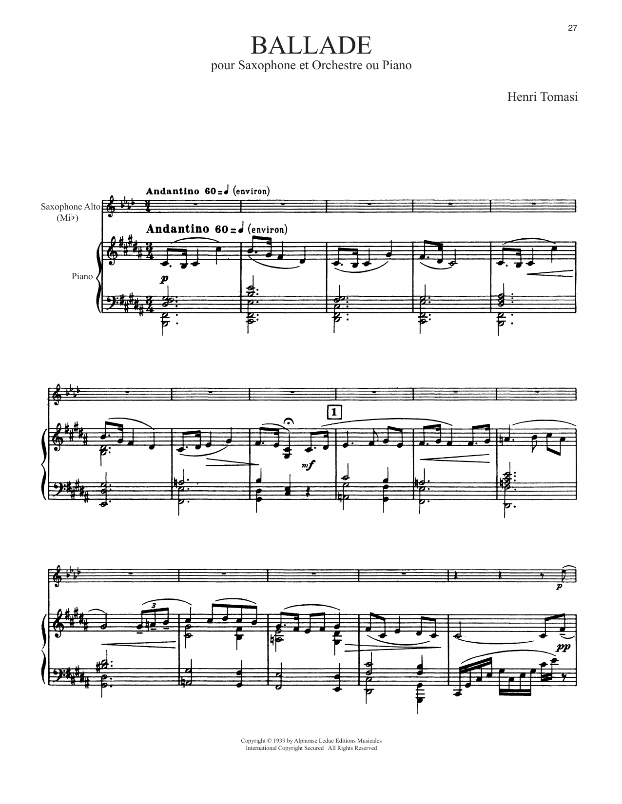 Henri Tomasi Ballade Sheet Music