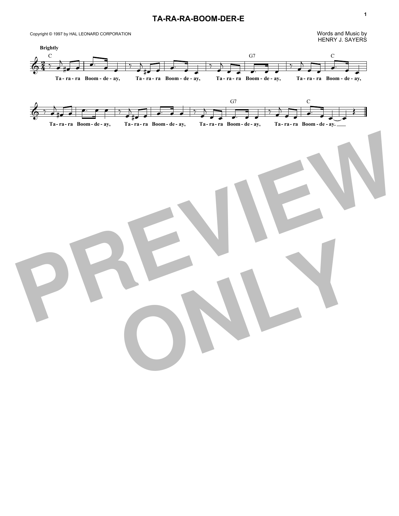 Henry J. Sayers Ta-Ra-Ra-Boom-Der-E Sheet Music