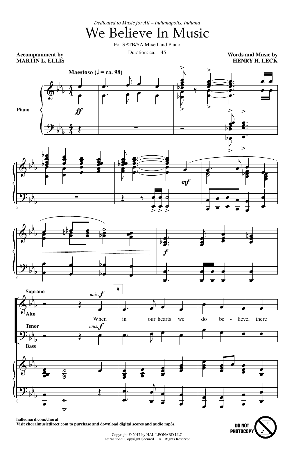 Henry Leck We Believe In Music Sheet Music