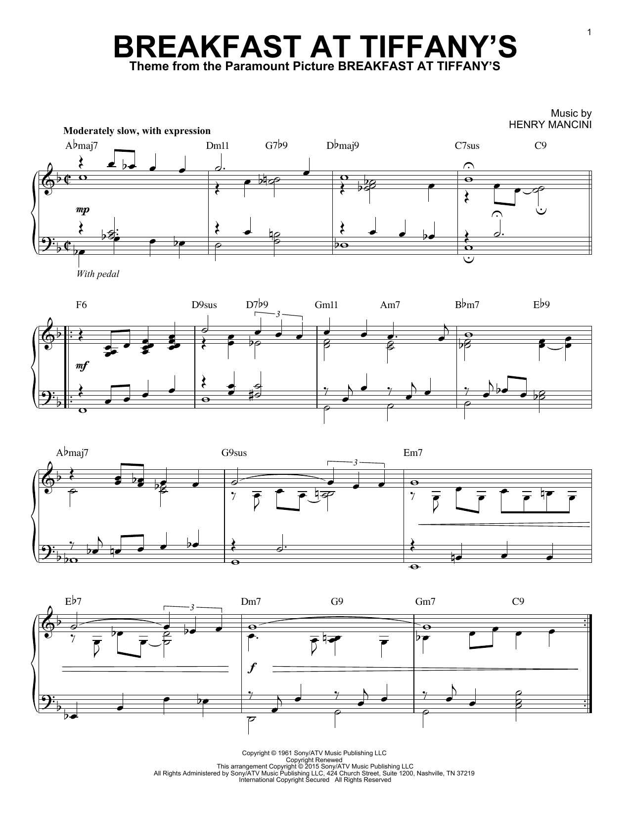 Henry Mancini Breakfast At Tiffany's [Jazz version] (arr. Brent Edstrom) Sheet Music