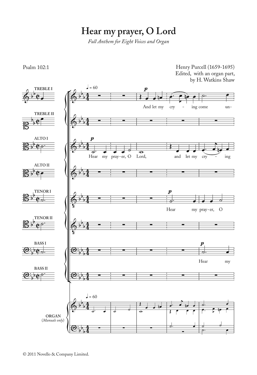 Henry Purcell Hear My Prayer, O Lord Sheet Music
