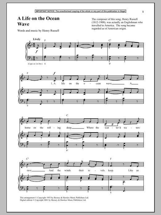 Henry Russell A Life On The Ocean Wave Sheet Music