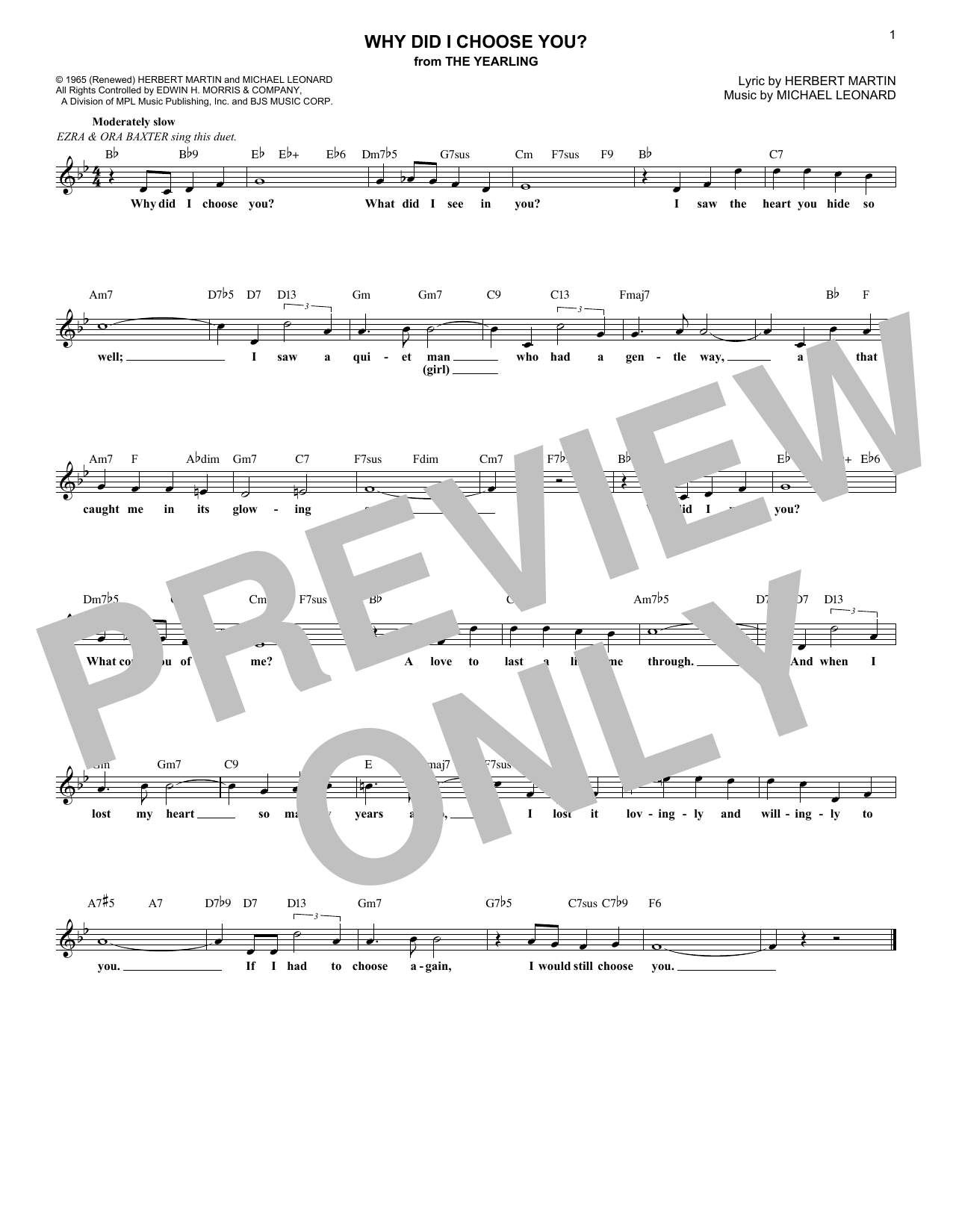 Herbert Martin Why Did I Choose You? (from The Yearling) Sheet Music