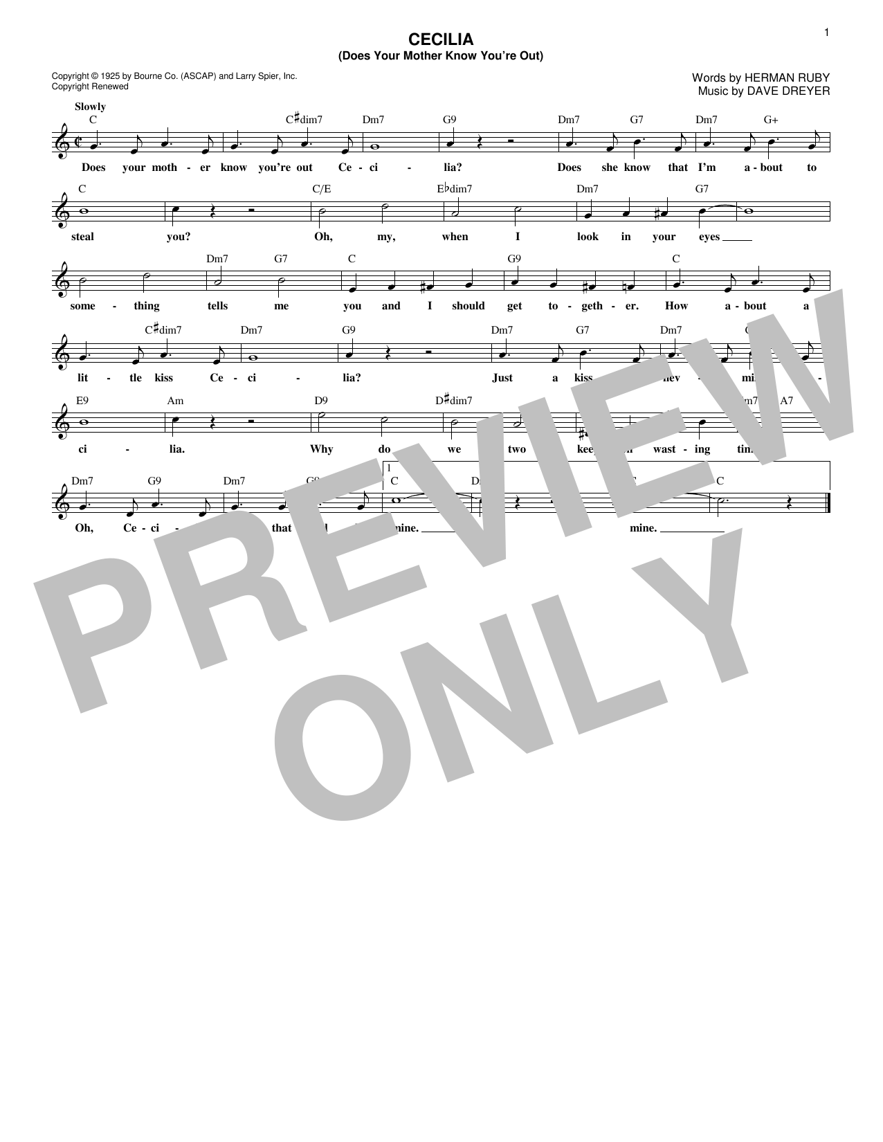 Herman Ruby Cecilia (Does Your Mother Know You're Out) Sheet Music