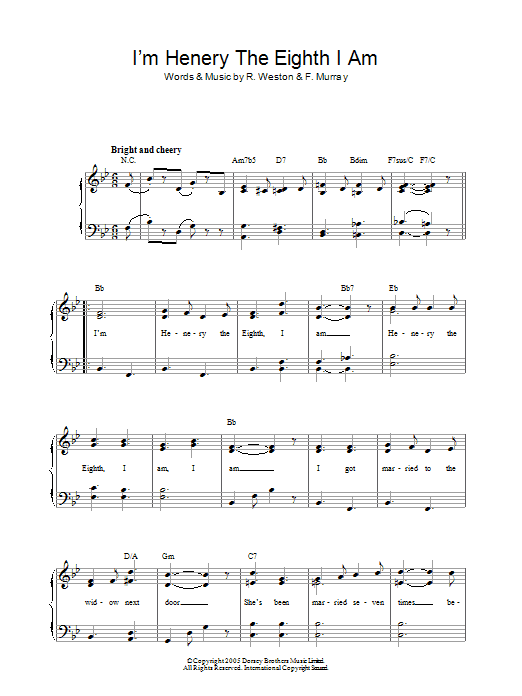 Fred Murray I'm Henery The Eighth I Am Sheet Music