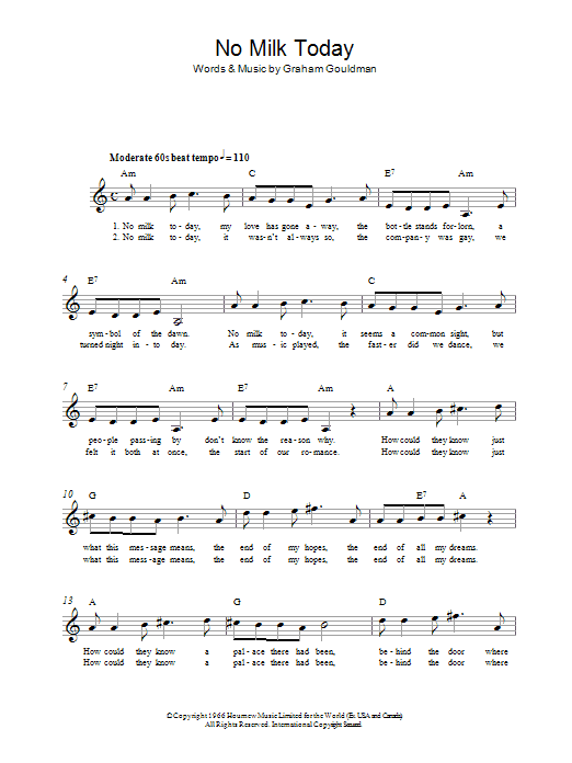 Herman's Hermits No Milk Today Sheet Music