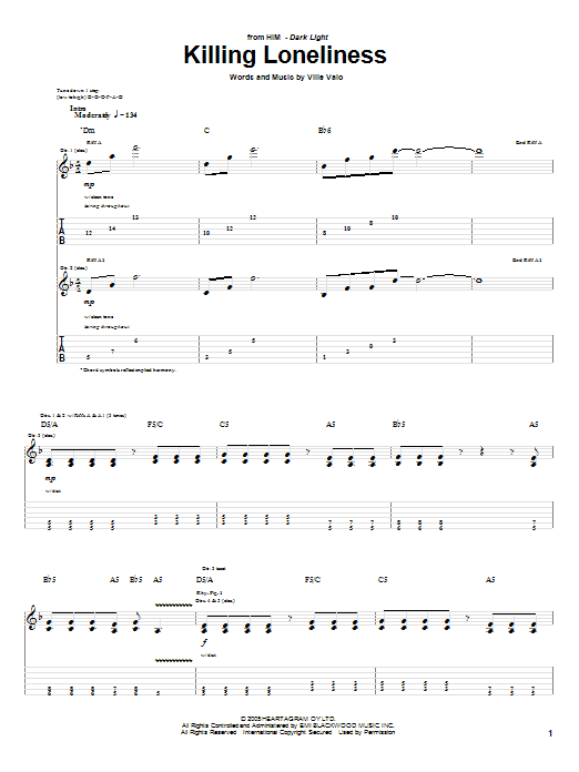 HIM Killing Loneliness Sheet Music