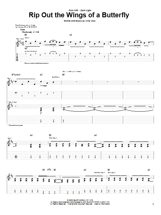 HIM Rip Out The Wings Of A Butterfly Sheet Music