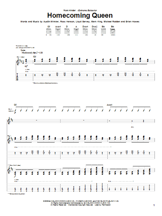 Hinder Homecoming Queen Sheet Music
