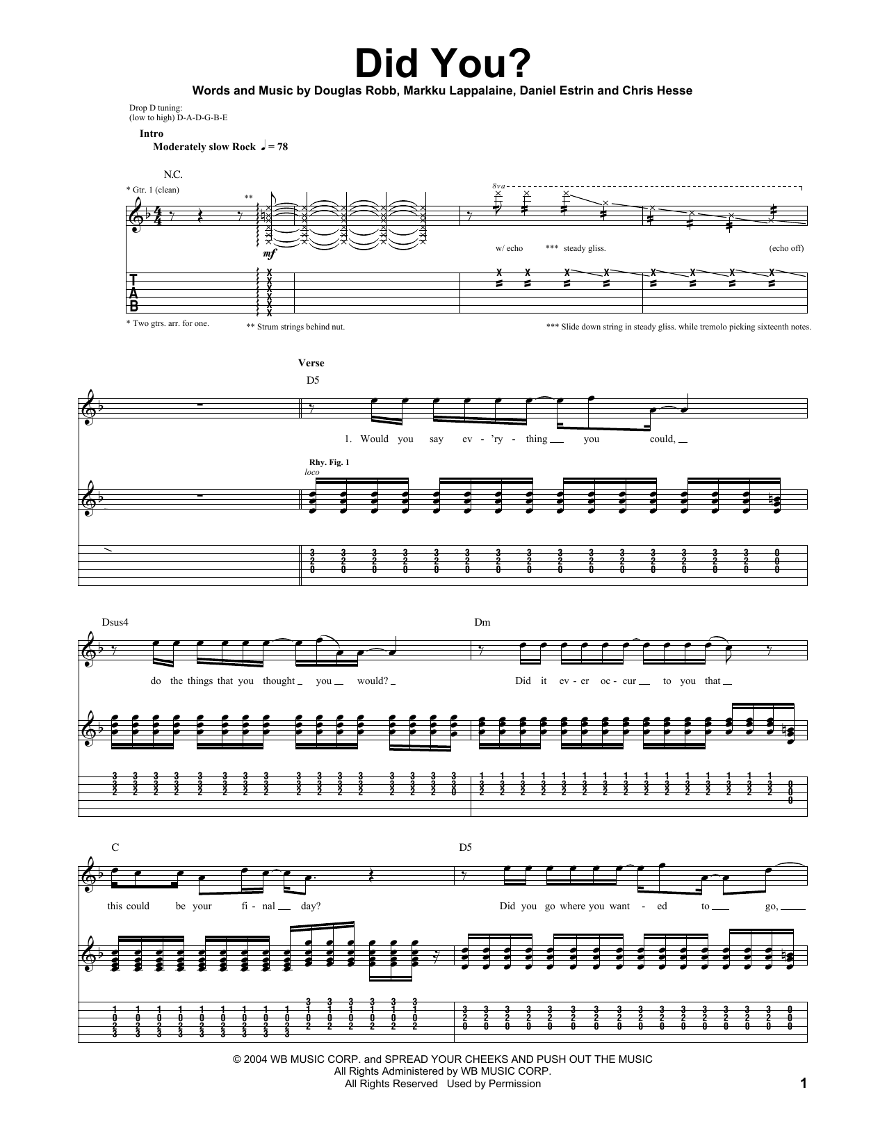 Hoobastank Did You? Sheet Music