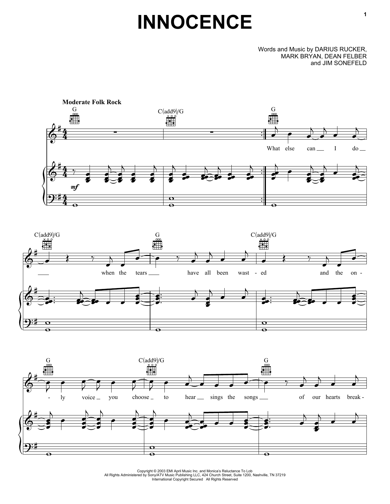 Hootie & The Blowfish Innocence Sheet Music
