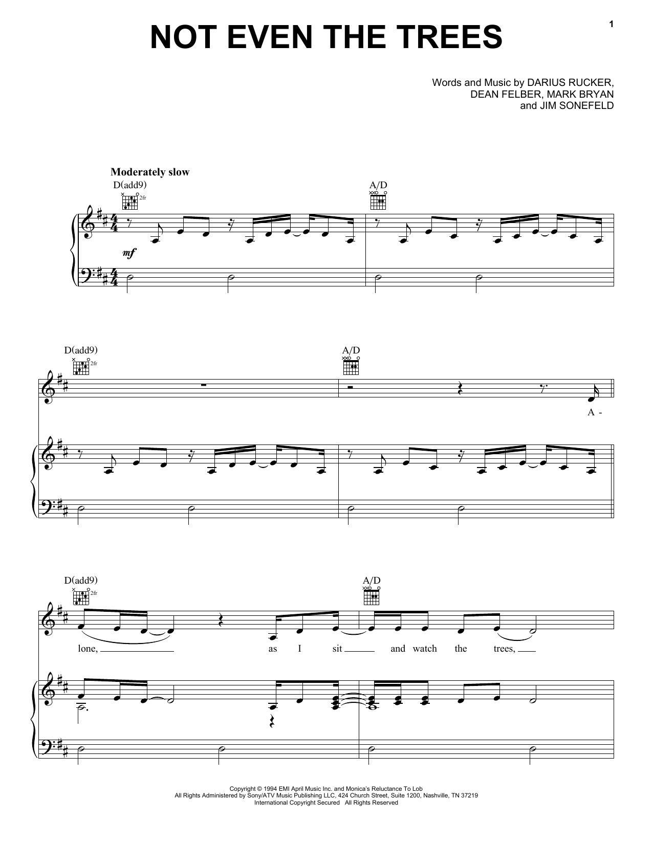Hootie & The Blowfish Not Even The Trees Sheet Music