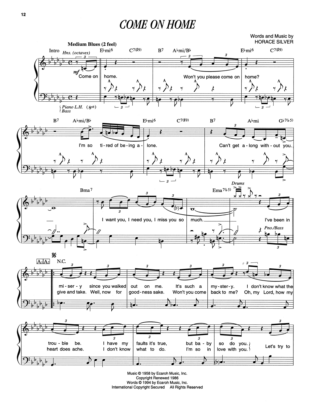 Horace Silver Come On Home Sheet Music