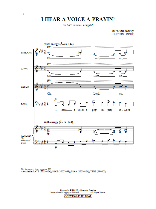 Houston Bright I Hear A Voice A-Prayin' Sheet Music