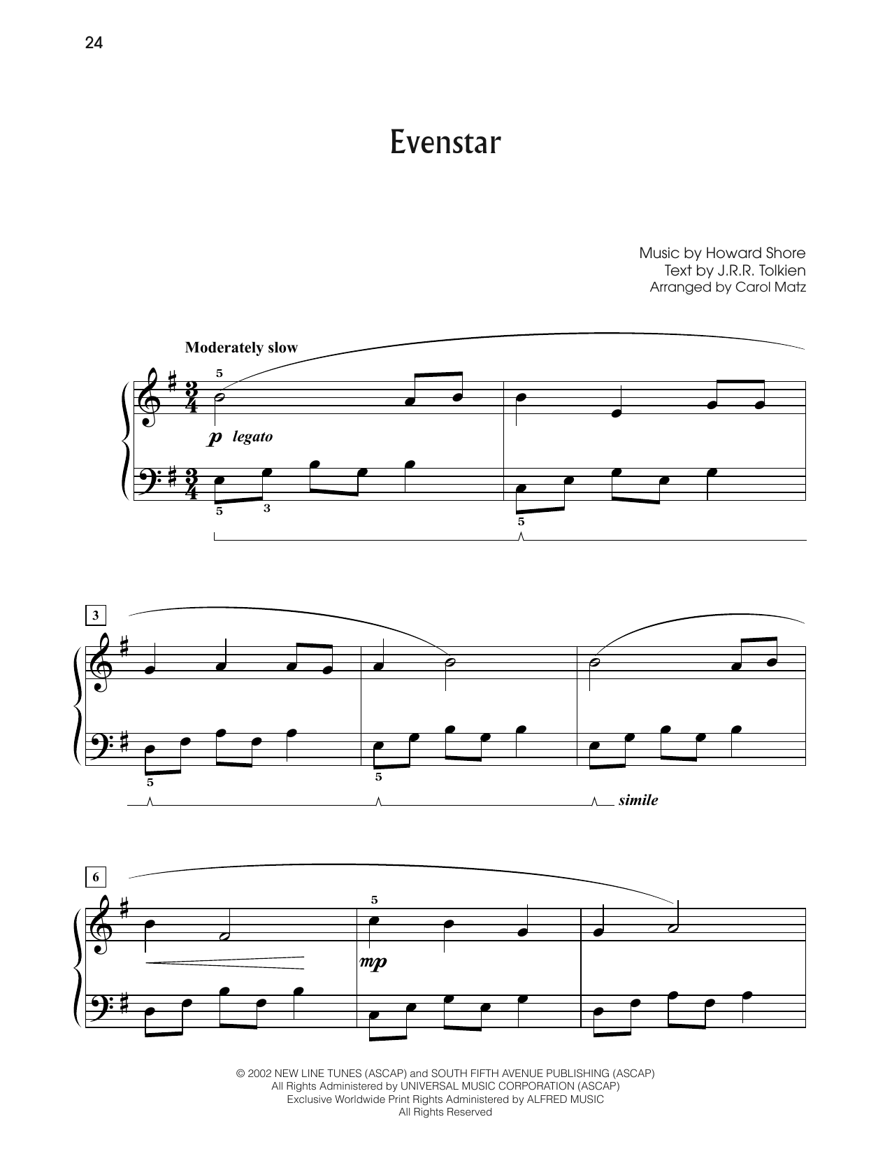 Howard Shore Evenstar (from The Lord Of The Rings: The Two Towers) (arr. Carol Matz) Sheet Music