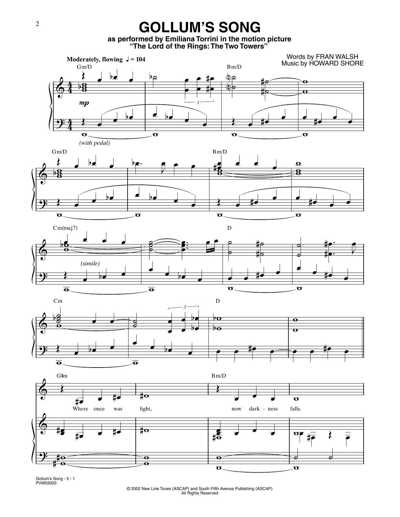 Howard Shore Gollum's Song (from The Lord Of The Rings: The Two Towers) Sheet Music