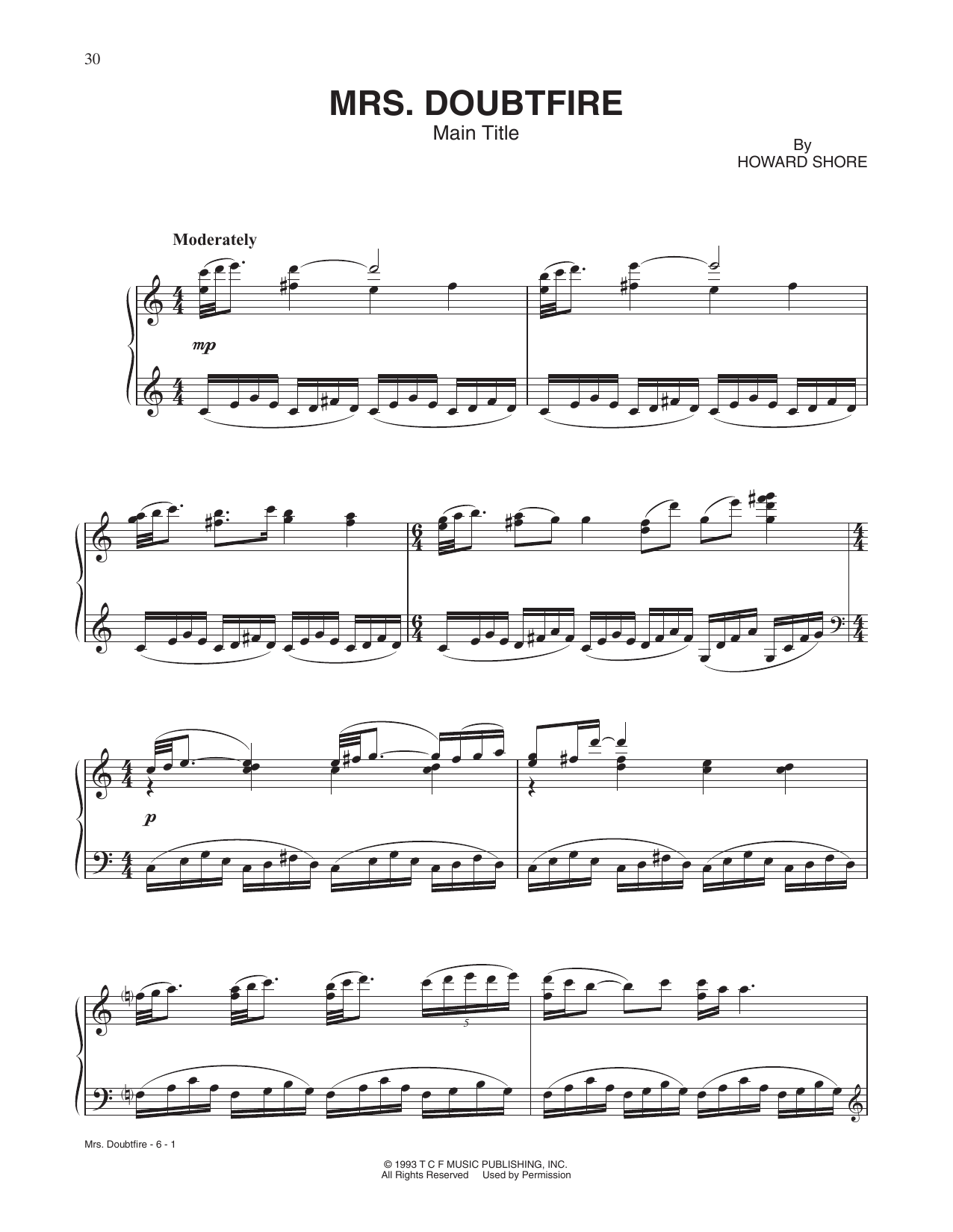 Howard Shore Mrs. Doubtfire (Main Title) Sheet Music