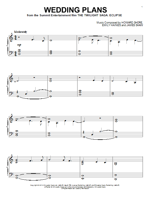 Howard Shore Wedding Plans Sheet Music