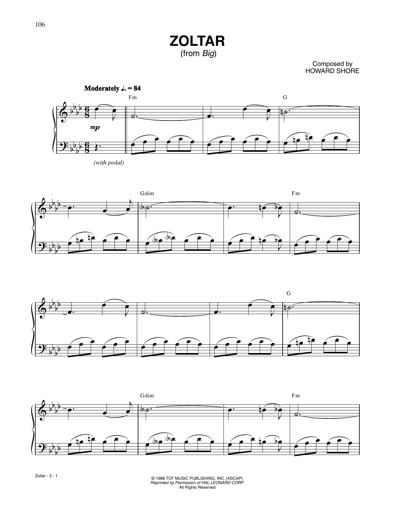 Howard Shore Zoltar (from Big) Sheet Music