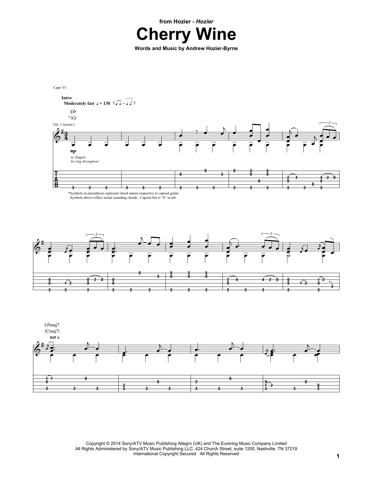 Hozier Cherry Wine Sheet Music