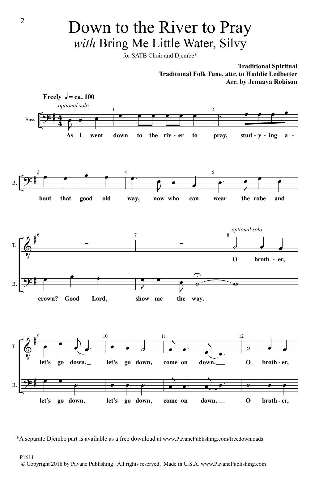 Huddie Ledbetter Down To The River To Pray (with Bring Me Little Water, Silvy) (arr. Jennaya Robi Sheet Music