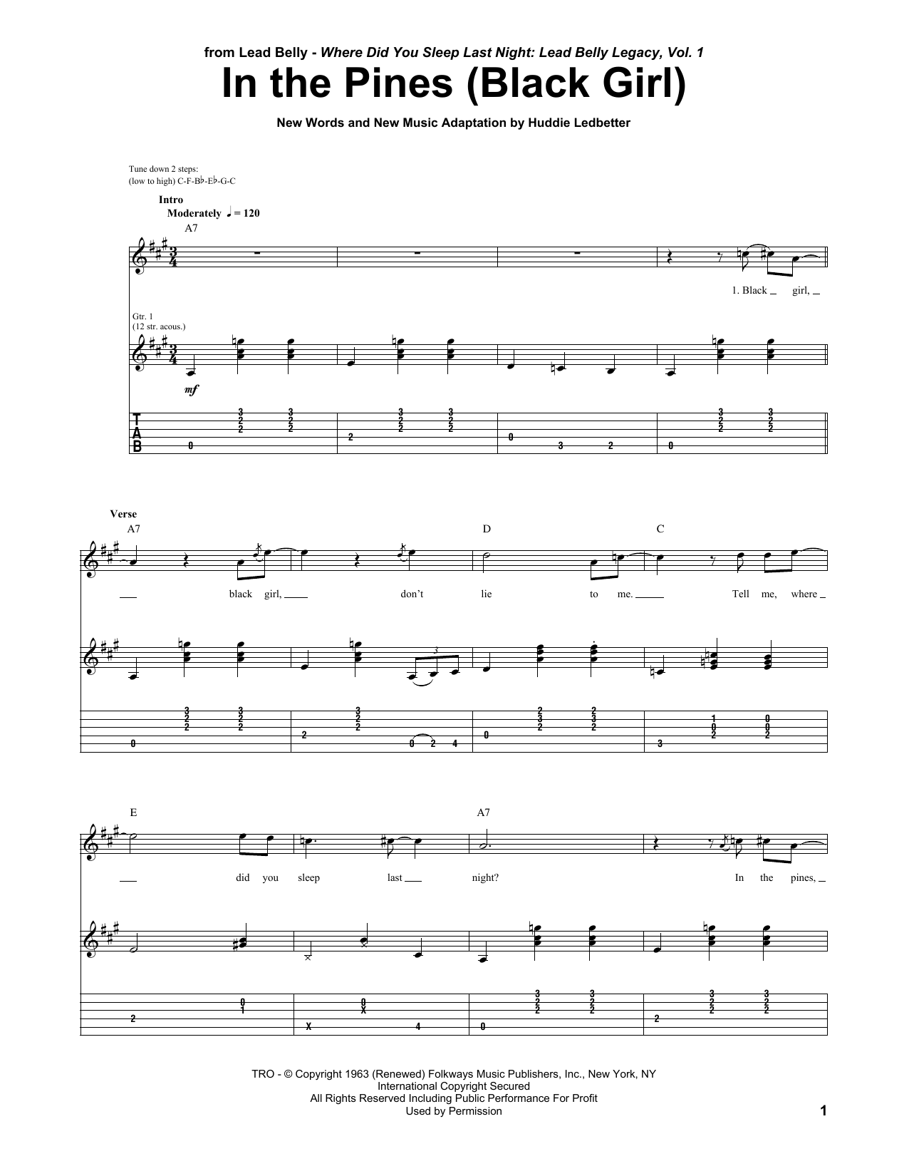 Huddie Ledbetter In The Pines (Black Girl) Sheet Music