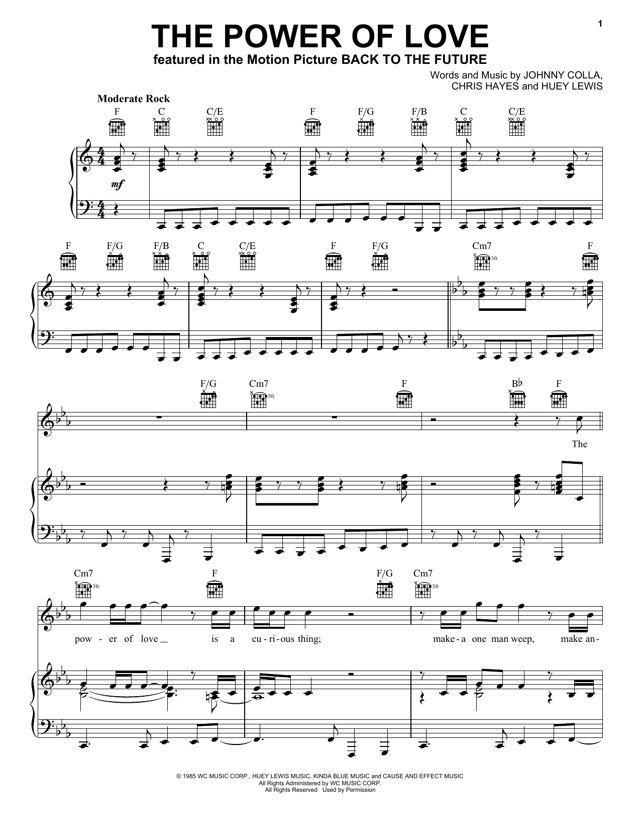 Huey Lewis & The News The Power Of Love Sheet Music