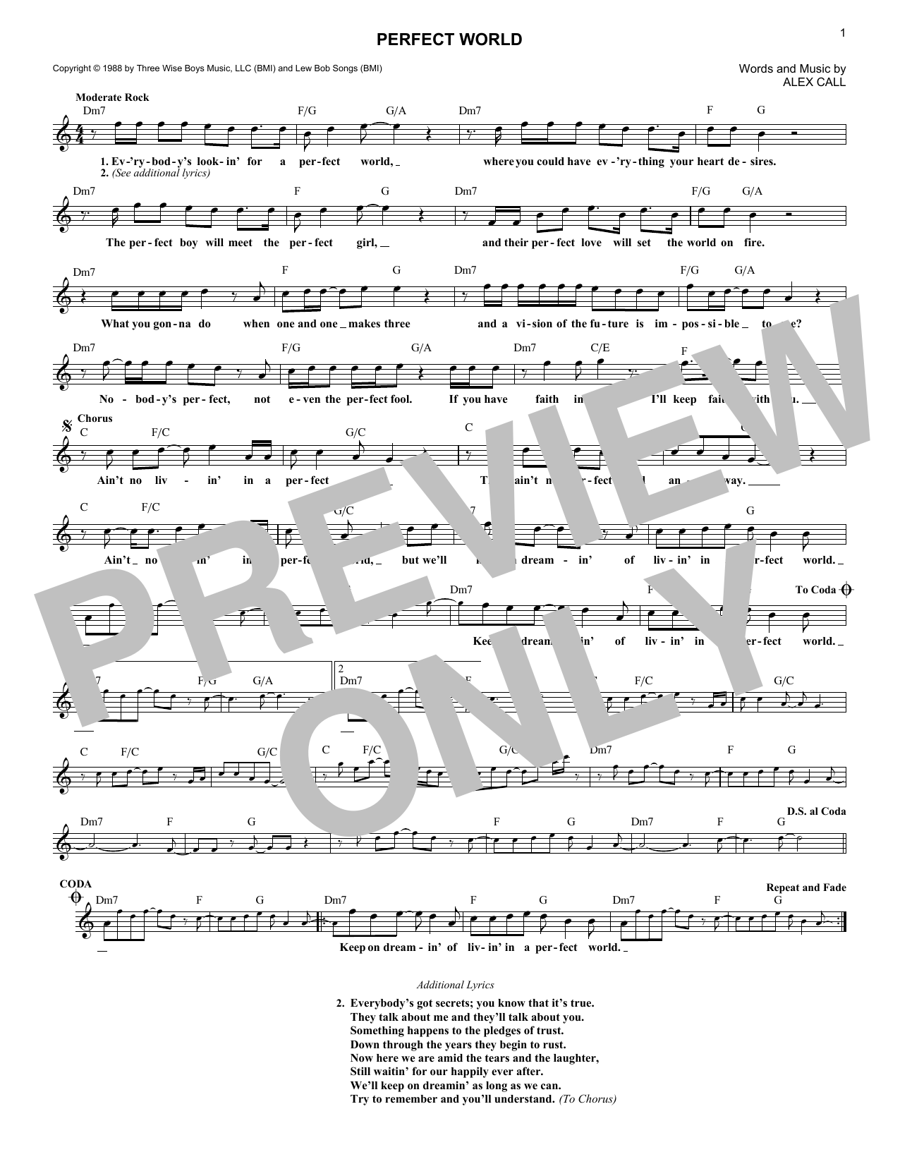 Huey Lewis & The News Perfect World Sheet Music
