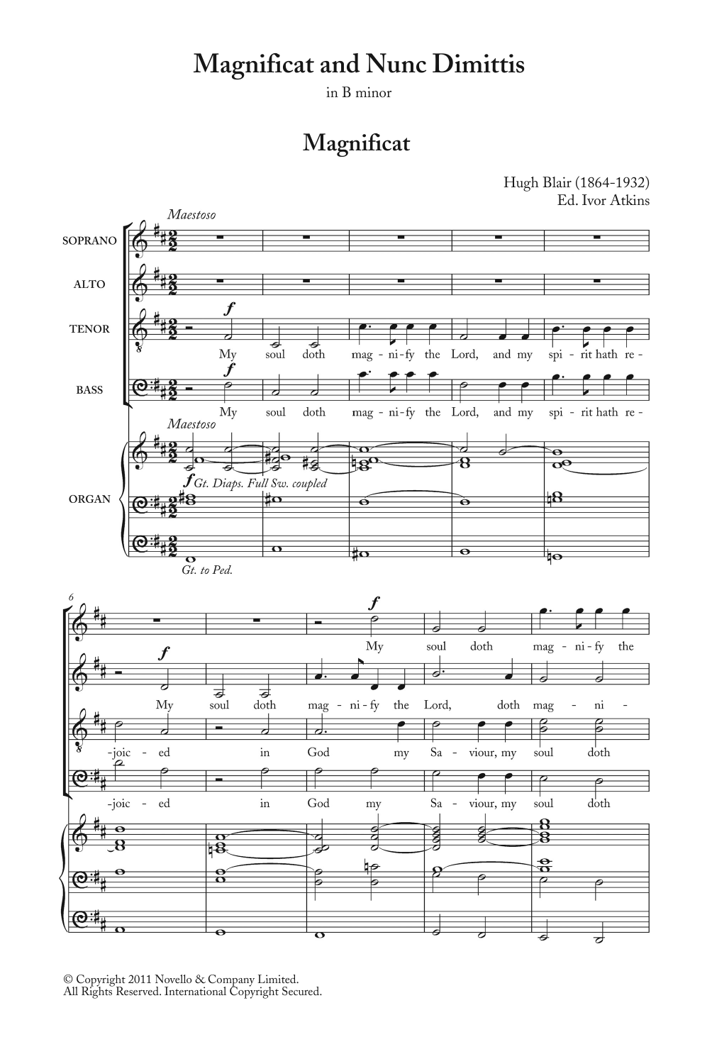 Hugh Blair Magnificat And Nunc Dimittis In B Minor Sheet Music