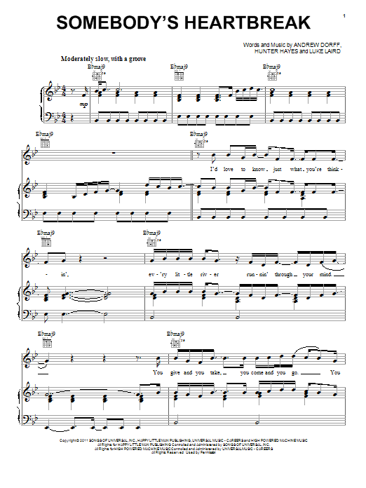 Hunter Hayes Somebody's Heartbreak Sheet Music