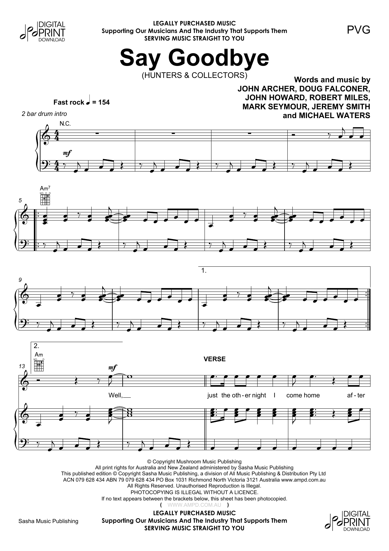 Hunters & Collectors Say Goodbye Sheet Music