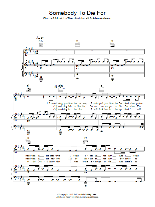 Hurts Somebody To Die For Sheet Music