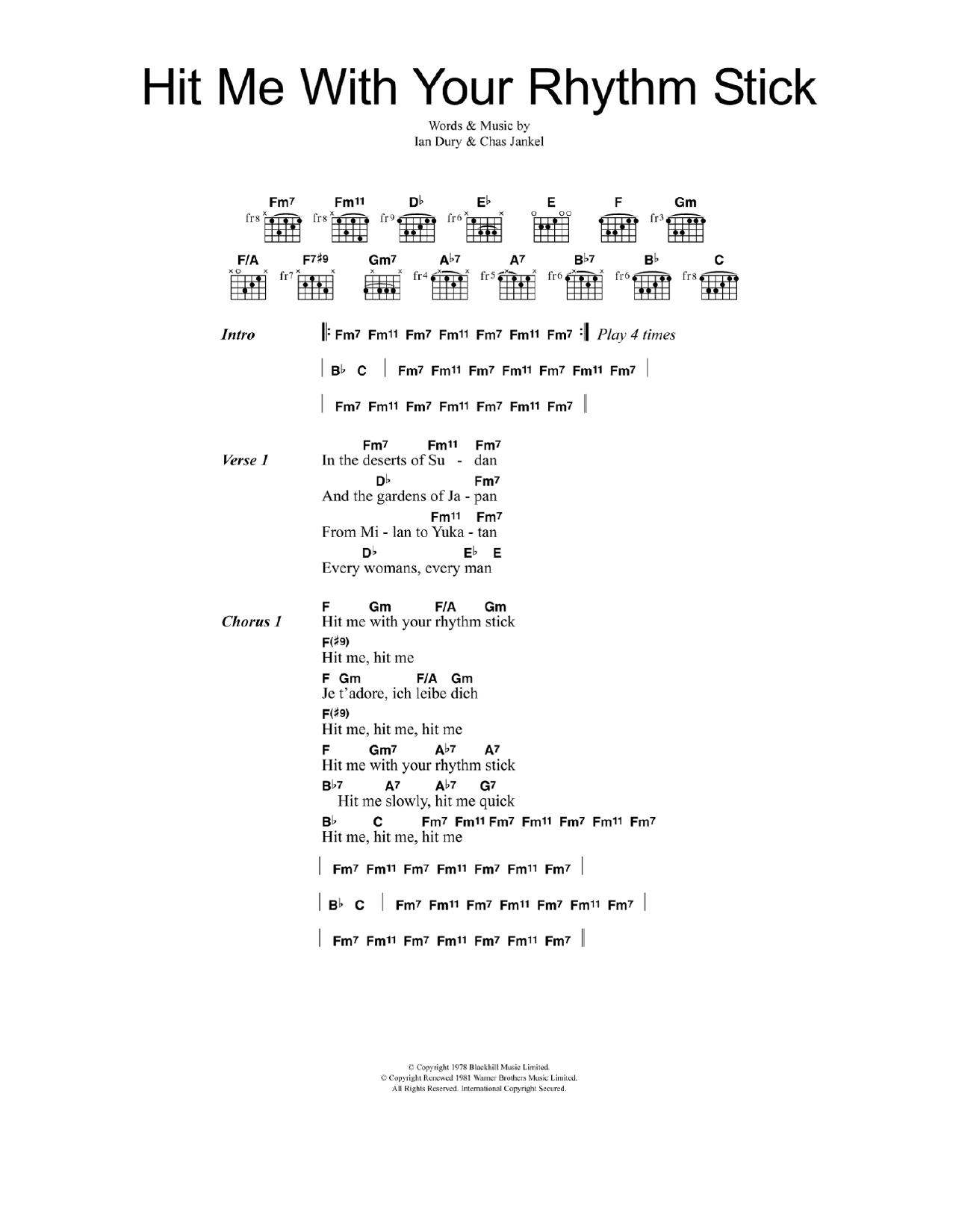 Ian Dury & The Blockheads Hit Me With Your Rhythm Stick Sheet Music