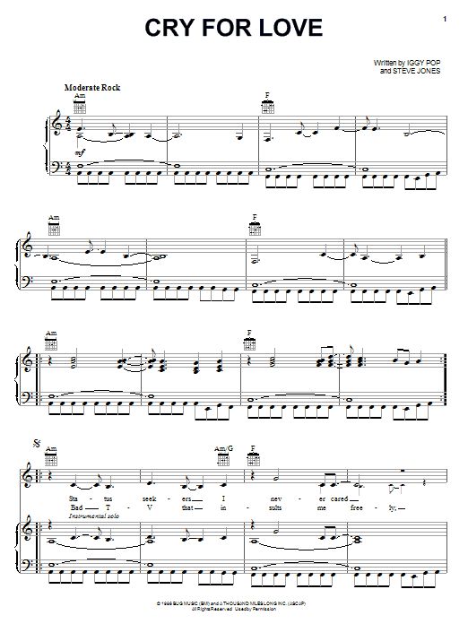 Iggy Pop Cry For Love Sheet Music